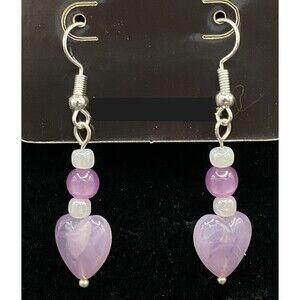 Handmade Purple Heart with Iridescent Purple & White Bead Earrings by Neanie-Bot